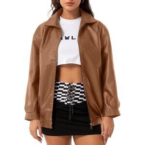 Women's Brown Oversized Faux Leather Fashion Zip Up Motorcycle Loose Fit Jacket